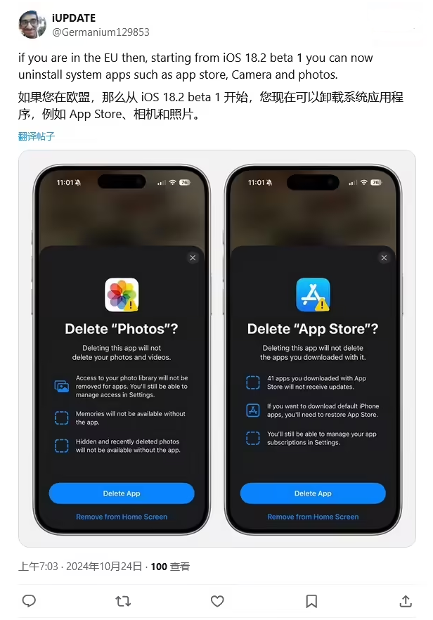 多宝镇苹果手机维修分享iOS 18.2 支持删除 App Store 应用商店 