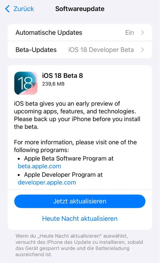 多宝镇苹果手机维修分享苹果 iOS / iPadOS 18 开发者预览版 Beta 8 发布 